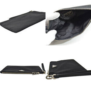 Prada silver leather black metal pouch triangle clutch bag logo